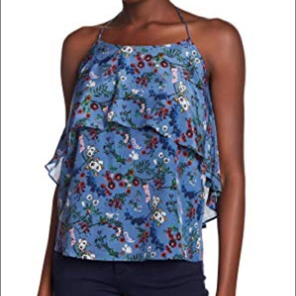 Alice + Olivia Blue Floral Tiered Ruffle Halter Silk Top NWT S/P